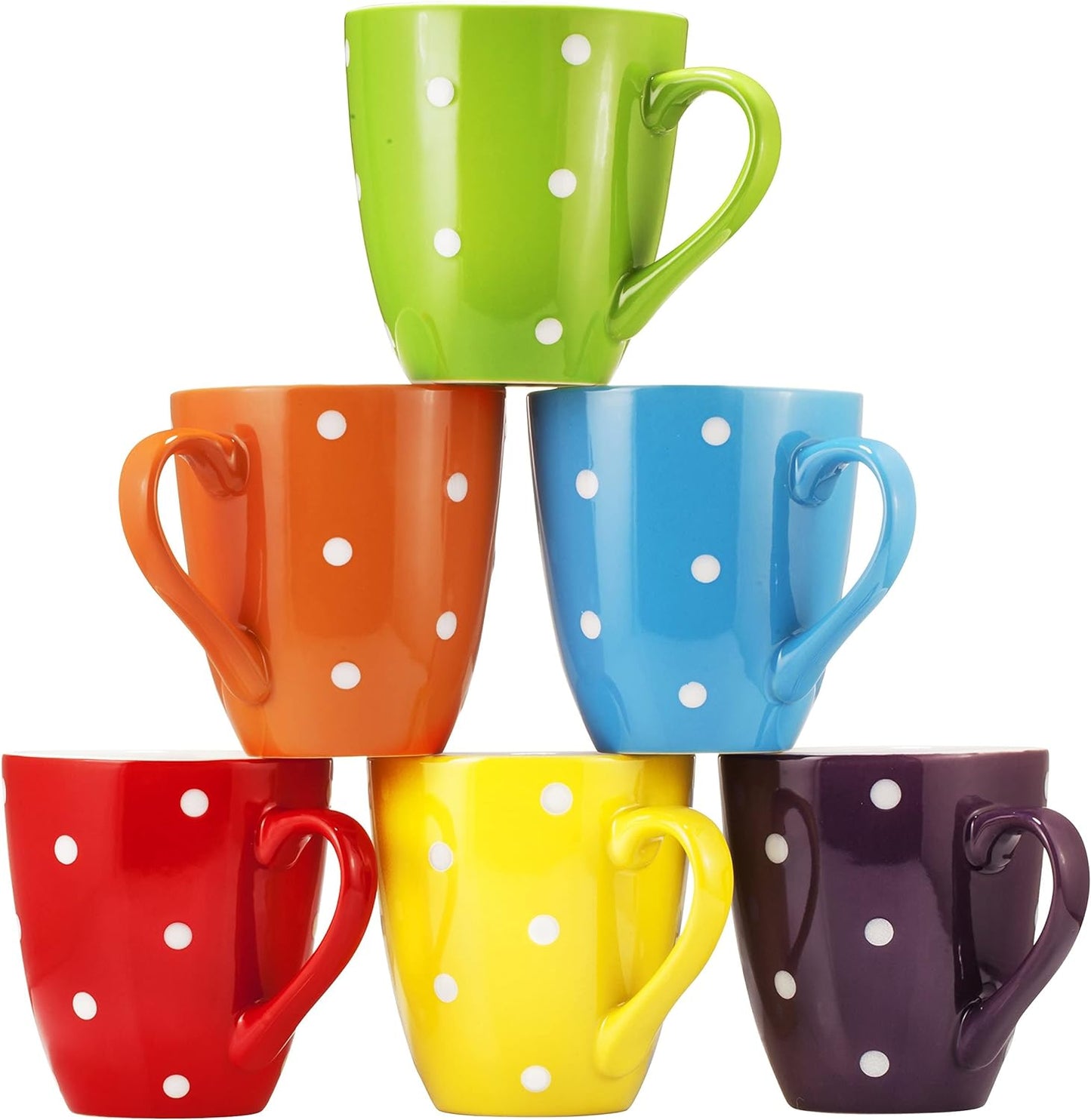 16 Oz Polka Dot Coffee Mug Set of 6, Large 16 Ounce Ceramic Mugcup Set in Multi Color Dot Design, Best for a Gift