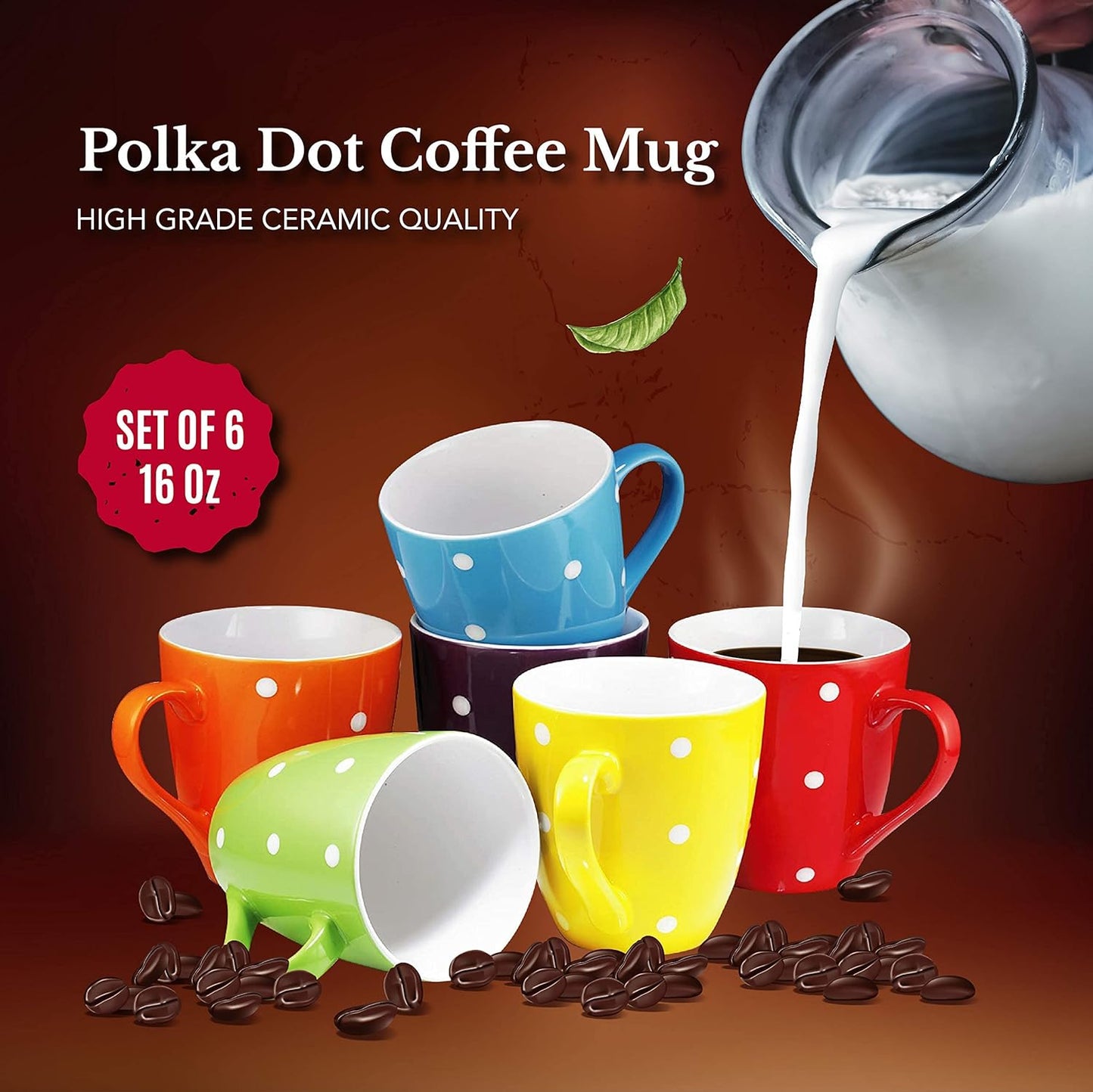 16 Oz Polka Dot Coffee Mug Set of 6, Large 16 Ounce Ceramic Mugcup Set in Multi Color Dot Design, Best for a Gift