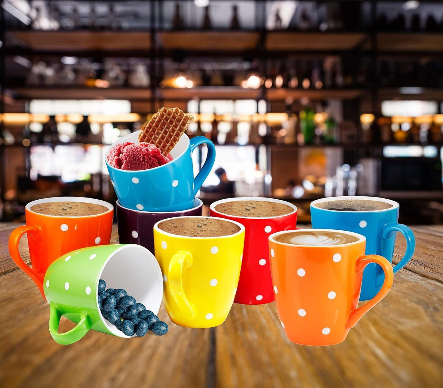 16 Oz Polka Dot Coffee Mug Set of 6, Large 16 Ounce Ceramic Mugcup Set in Multi Color Dot Design, Best for a Gift