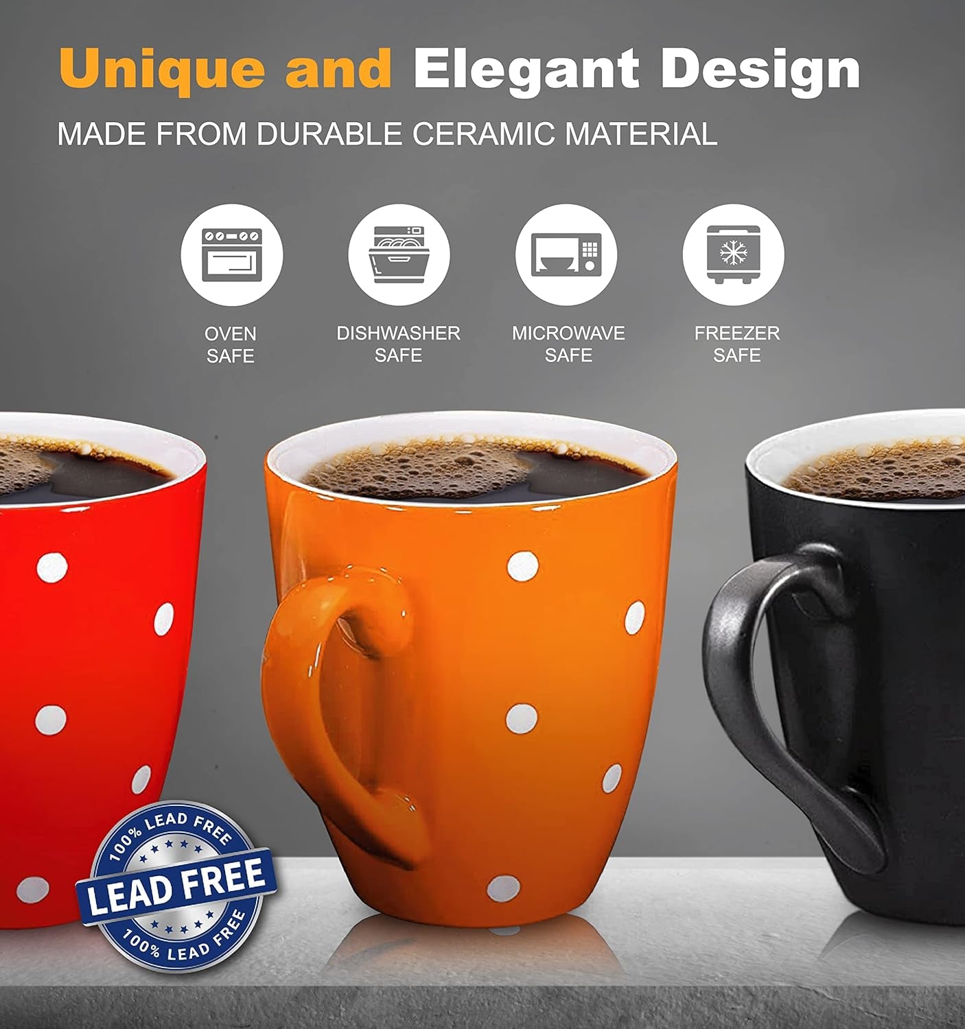 16 Oz Polka Dot Coffee Mug Set of 6, Large 16 Ounce Ceramic Mugcup Set in Multi Color Dot Design, Best for a Gift