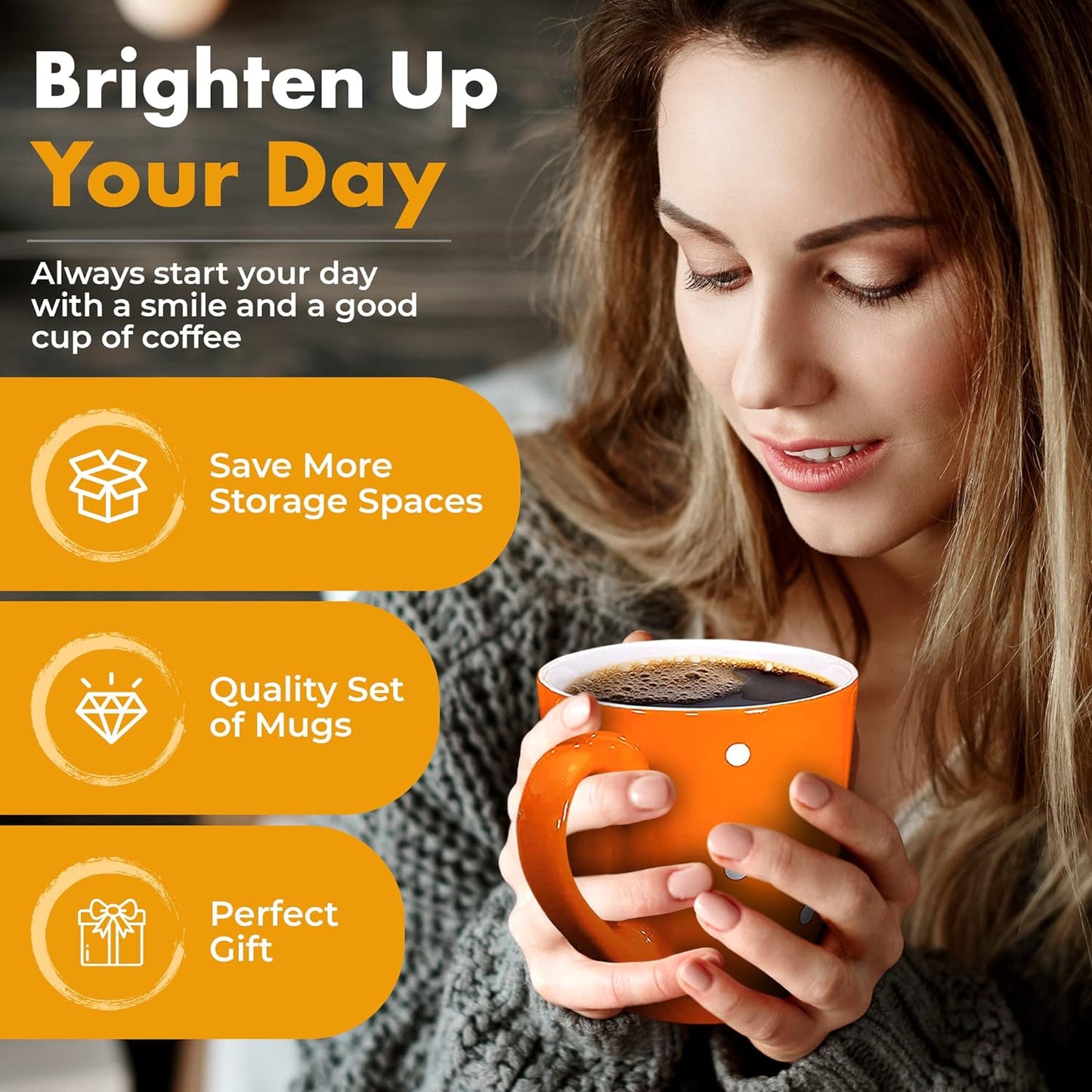 16 Oz Polka Dot Coffee Mug Set of 6, Large 16 Ounce Ceramic Mugcup Set in Multi Color Dot Design, Best for a Gift