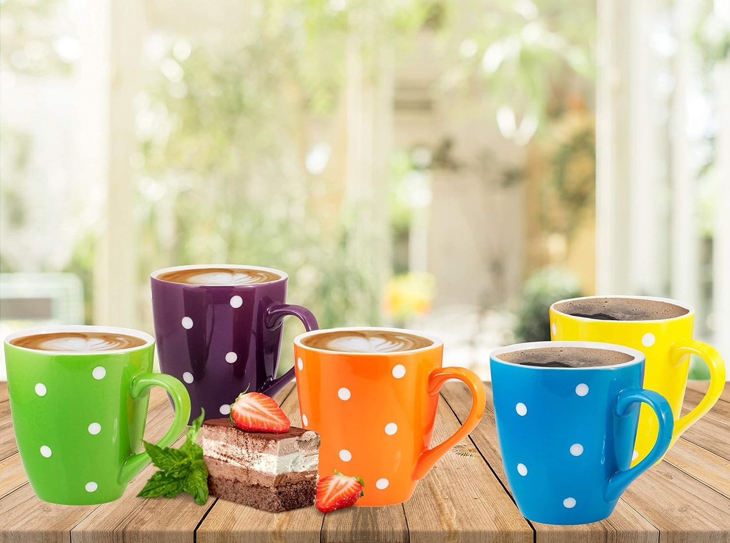 16 Oz Polka Dot Coffee Mug Set of 6, Large 16 Ounce Ceramic Mugcup Set in Multi Color Dot Design, Best for a Gift