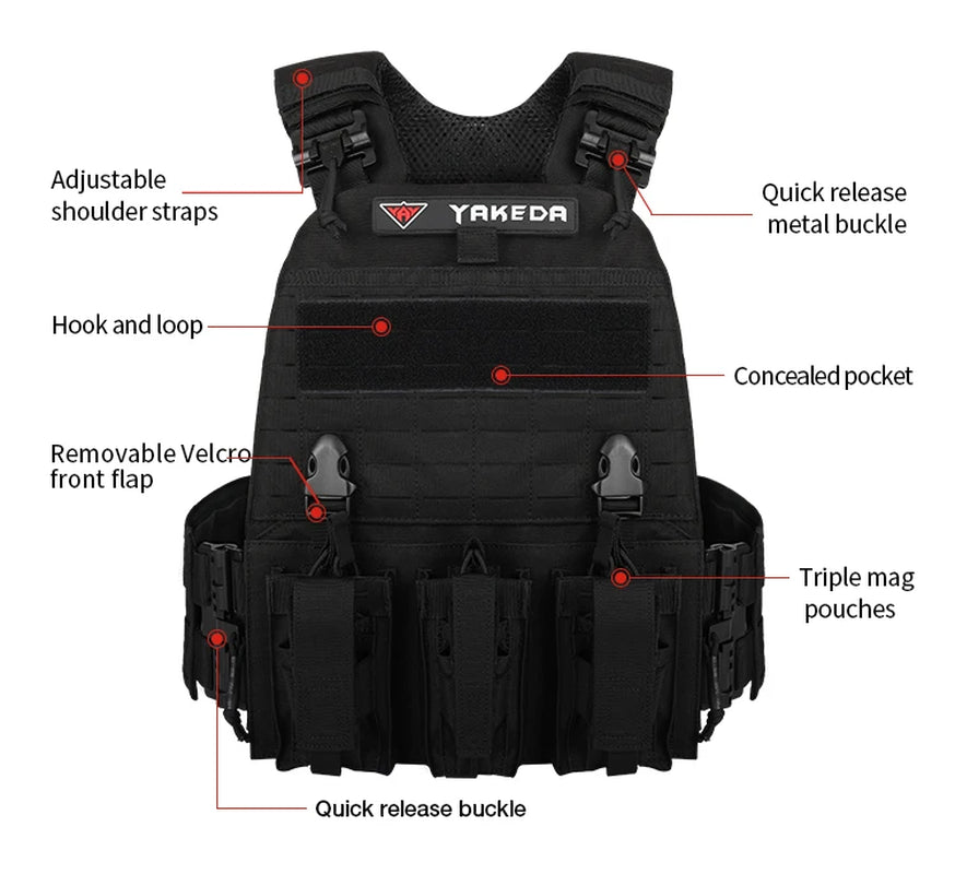YAKEDA Outdoor Combat Chaleco Tactical Plate Carrier 500D Nylon Tactical Vest Quick Release with Triple Mag Pouch