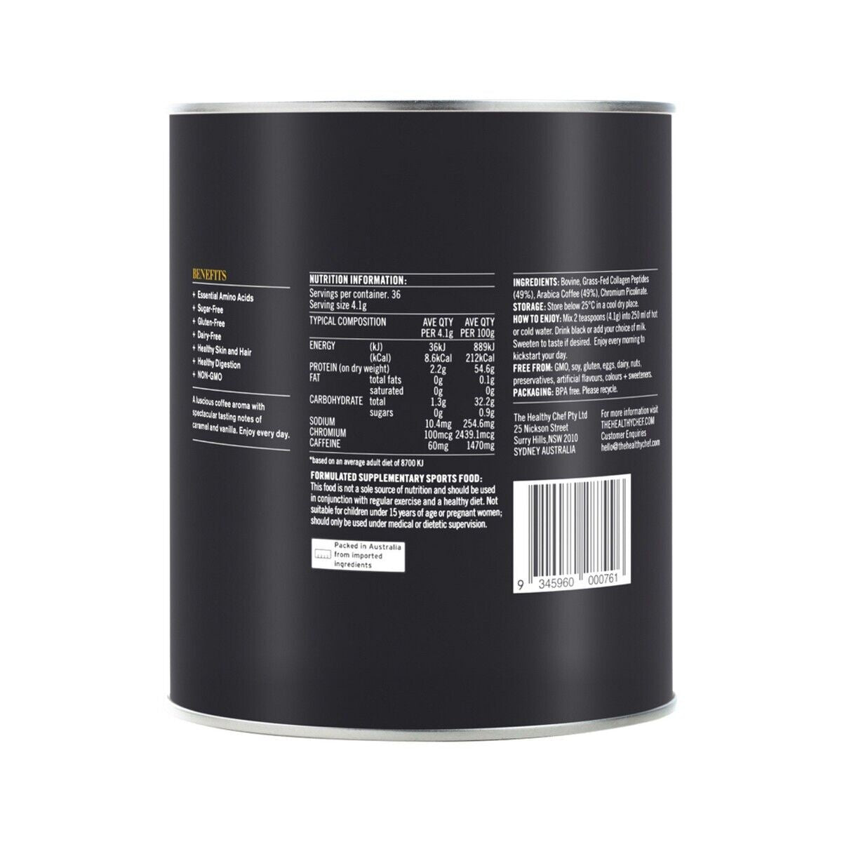 New the Healthy Chef Collagen Coffee Collagen + Arabica Coffee Unsweetened 150G