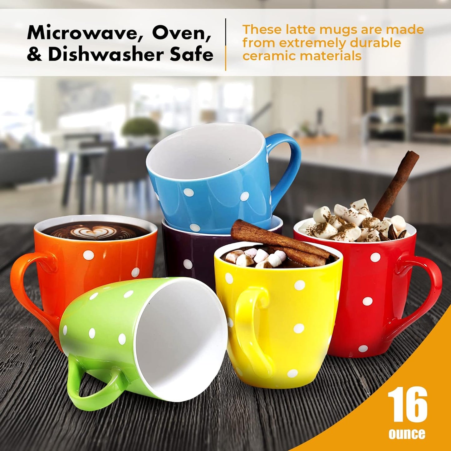 16 Oz Polka Dot Coffee Mug Set of 6, Large 16 Ounce Ceramic Mugcup Set in Multi Color Dot Design, Best for a Gift