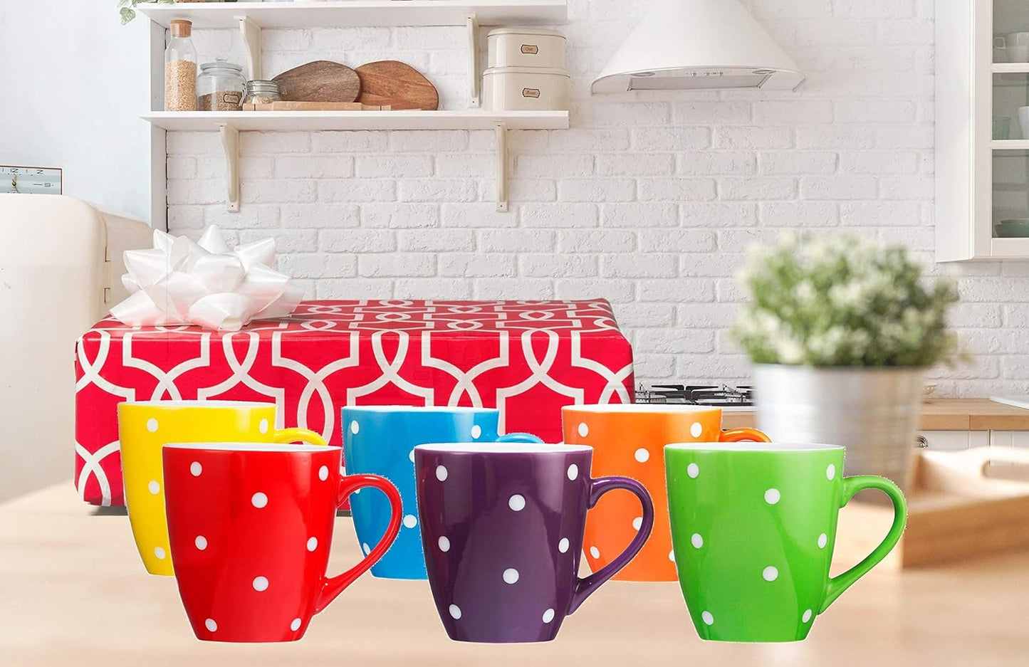16 Oz Polka Dot Coffee Mug Set of 6, Large 16 Ounce Ceramic Mugcup Set in Multi Color Dot Design, Best for a Gift
