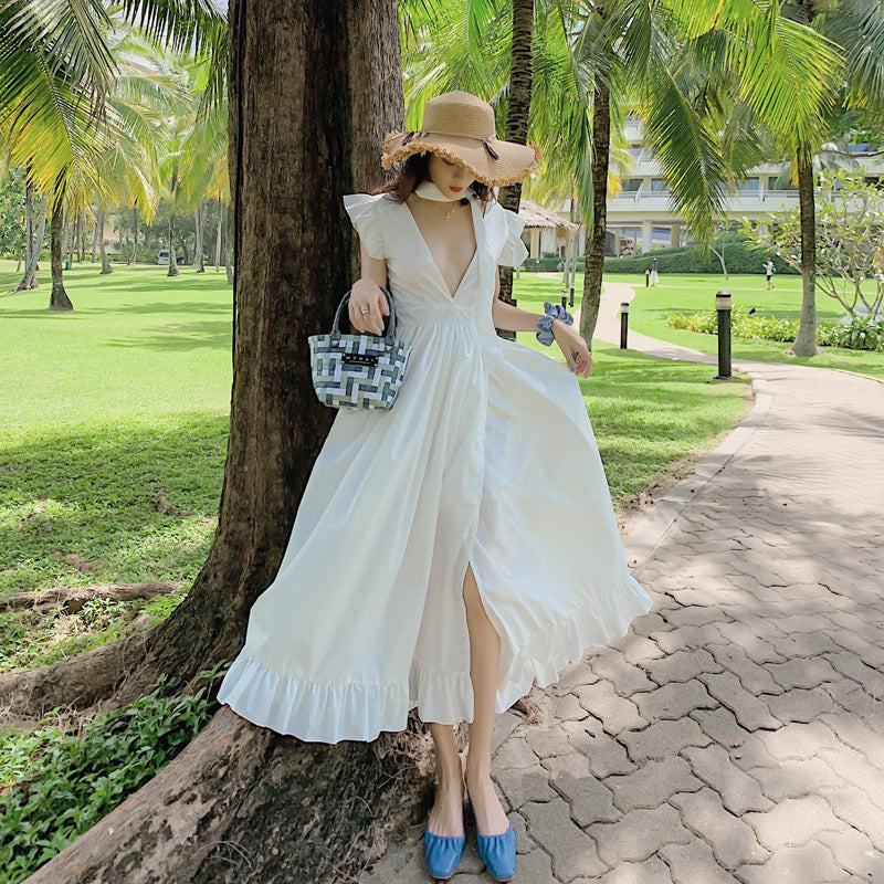 Seaside Beach Dress Sexy Backless Suspender Dress Long Skirt