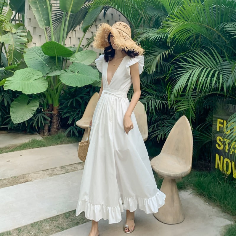 Seaside Beach Dress Sexy Backless Suspender Dress Long Skirt