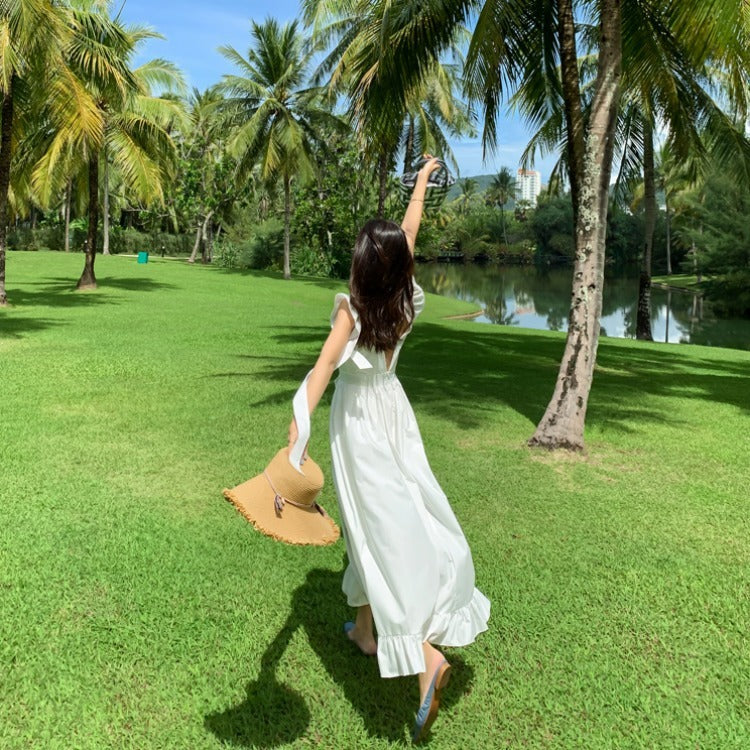 Seaside Beach Dress Sexy Backless Suspender Dress Long Skirt