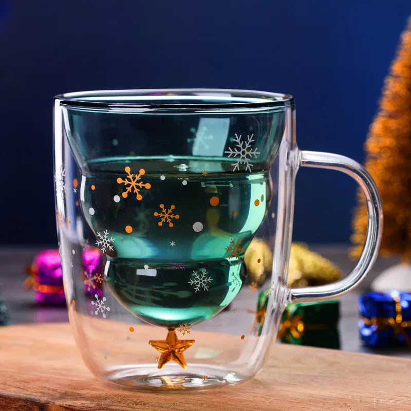 2021 Double Layered anti Scald Glass Christmas Tree Starry Sky Coffee Mug Thermal Insulation Breakfast Milk Cup Children'S Gift