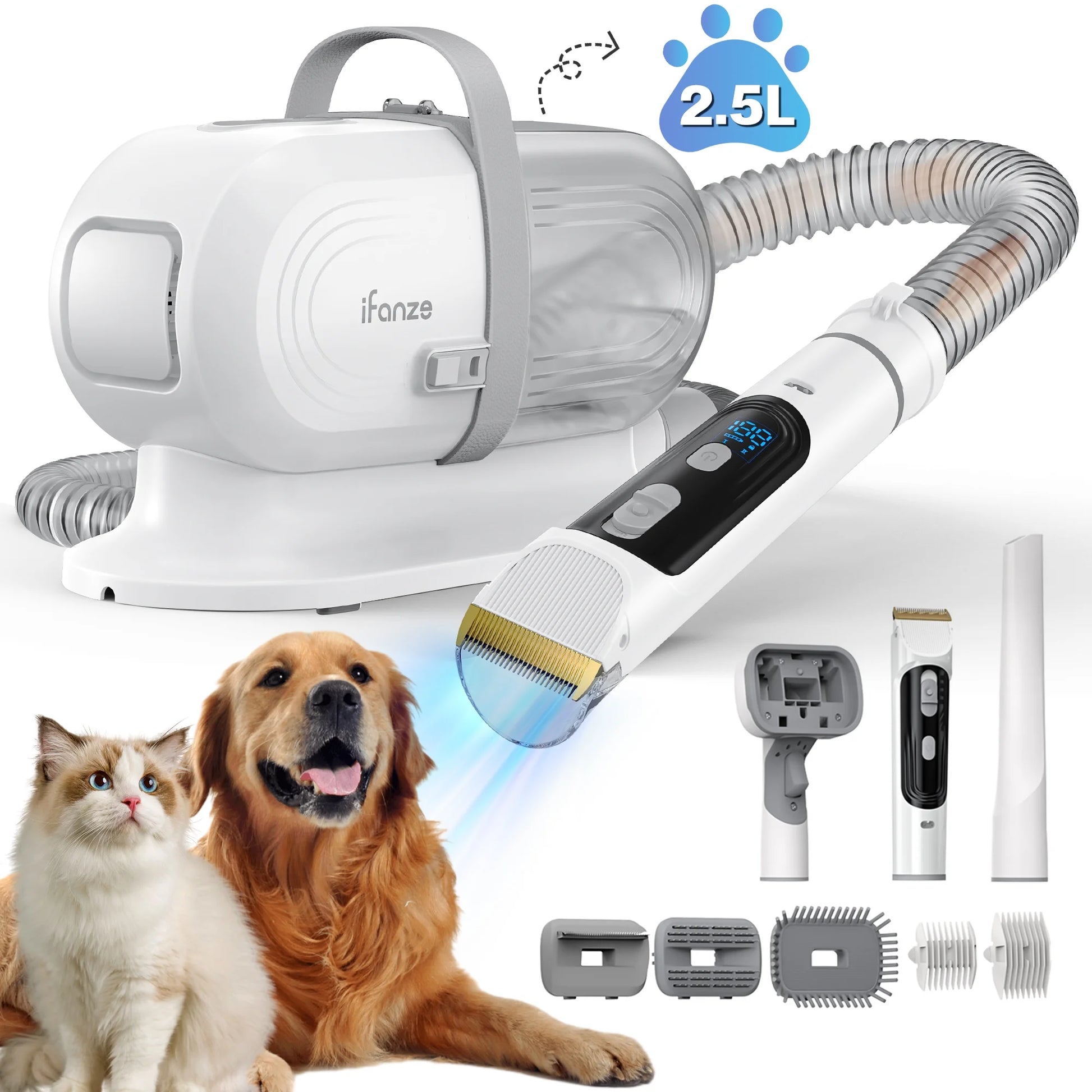 14Kpa Dog Grooming Kit & Vacuum, 2.5L Pet Hair Vacuum Suction 99% Pet Hair,3 Modes Suction Dog Grooming Clipper Kit,5 Pet Groomer Tools,Low Noise Pet Shedding Vacuum for Dogs Cats,White