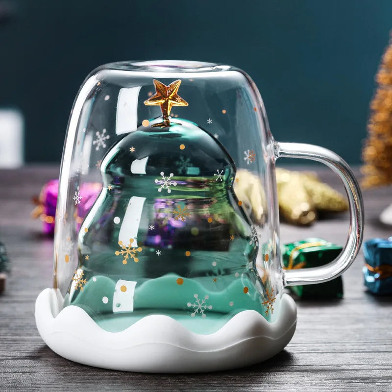 2021 Double Layered anti Scald Glass Christmas Tree Starry Sky Coffee Mug Thermal Insulation Breakfast Milk Cup Children'S Gift