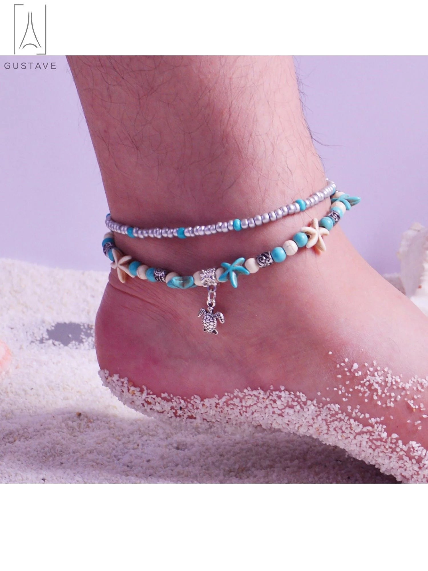 Starfish & Sea Turtle Ankle Bracelet for Women, Boho Double Layer Anklet Fashion Barefoot Sandal Beach Foot Chain Jewelry Gifts