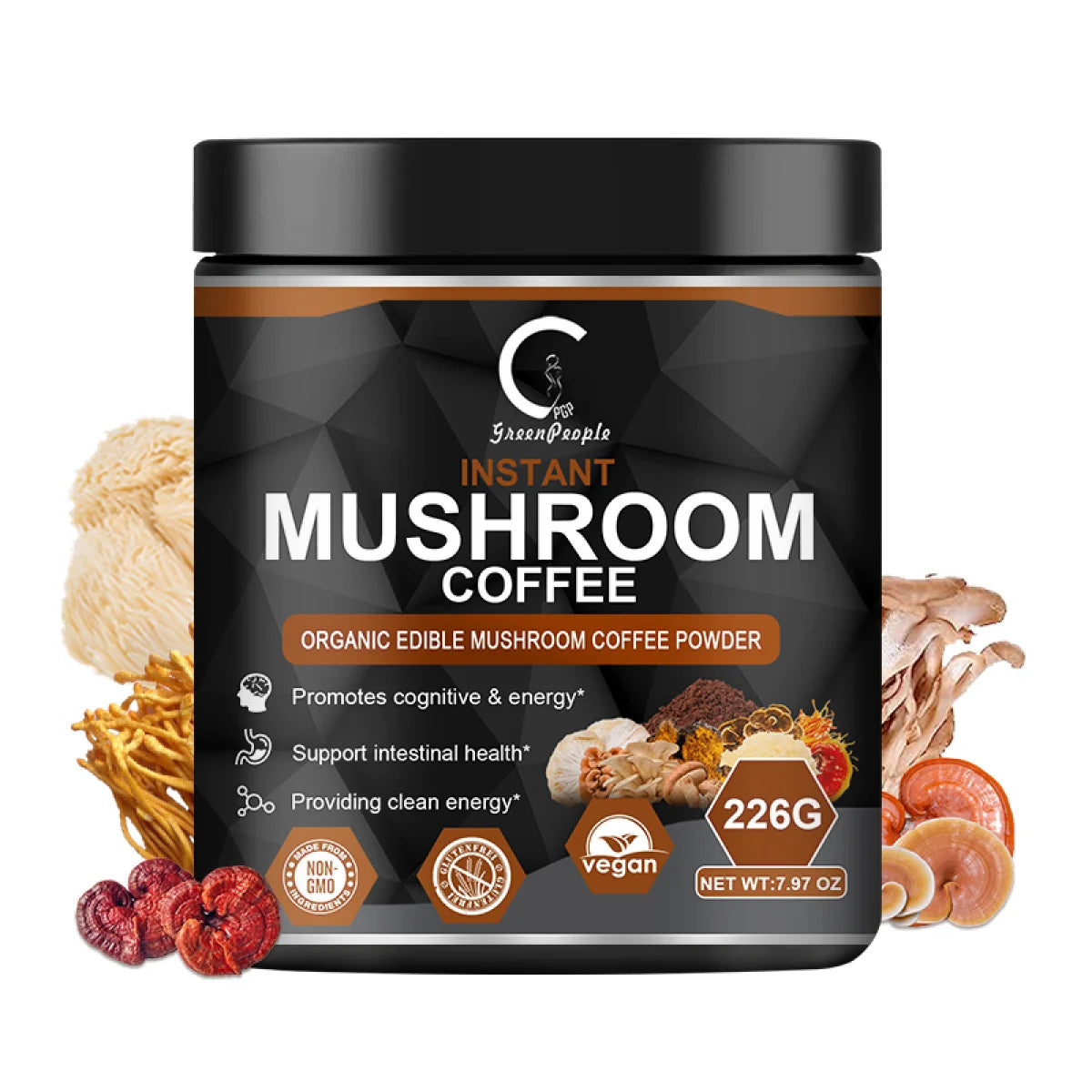 GPGP Premium Organic Mushroom Coffee with 7 Superfood Mushrooms - Instant Coffee Mix with Lion'S Mane, Reishi, Chaga, Cordyceps, Shiitake, Maitake, and Turkey Tail - 226G (7.97Oz)