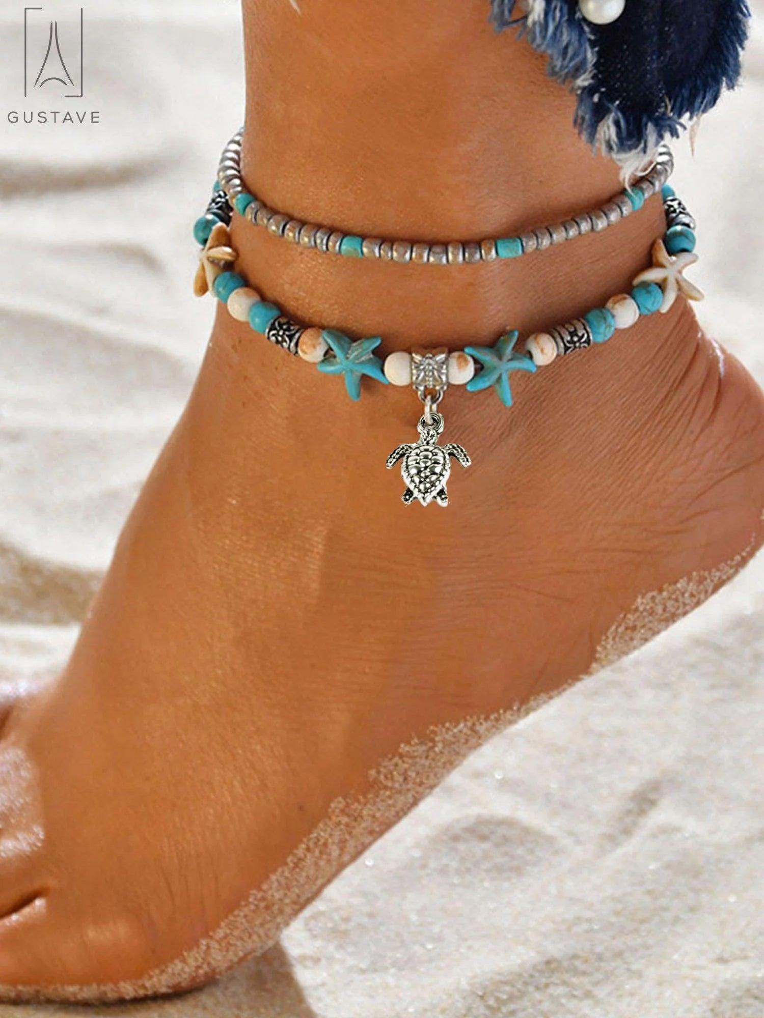 Starfish & Sea Turtle Ankle Bracelet for Women, Boho Double Layer Anklet Fashion Barefoot Sandal Beach Foot Chain Jewelry Gifts