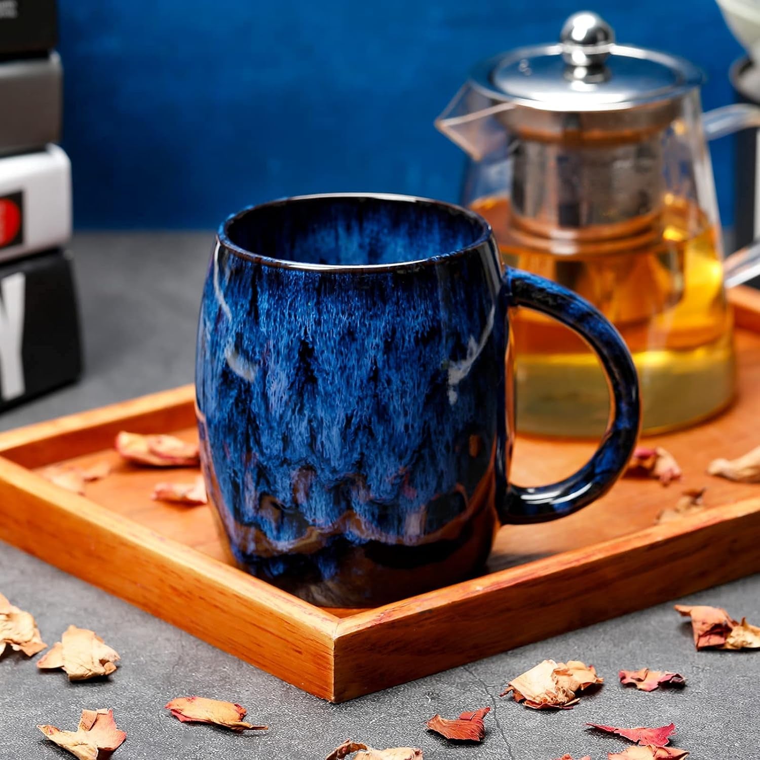 14 Oz Ceramic Coffee Mug Handmade, Unique Glazed Blue Pottery Coffee Mugs, Handmade Pottery Coffee Mug 12Oz, Handmade Ceramic Mug, Microwave and Dishwasher Safe (Dark Blue)