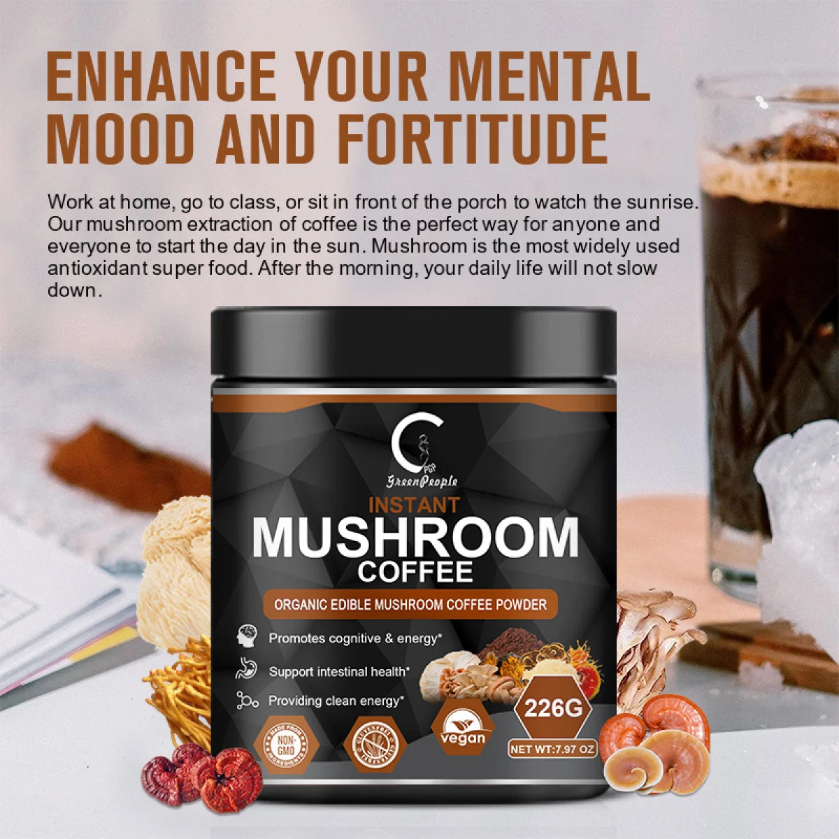 GPGP Premium Organic Mushroom Coffee with 7 Superfood Mushrooms - Instant Coffee Mix with Lion'S Mane, Reishi, Chaga, Cordyceps, Shiitake, Maitake, and Turkey Tail - 226G (7.97Oz)