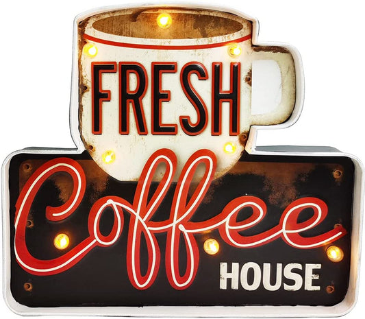 Light up Coffee Sign, Vintage Hot Cocoa Bar Decor Accessories Coffee Shop Signs LED Retro Kitchen Signs for Walls, Dinning Room, Bedroom