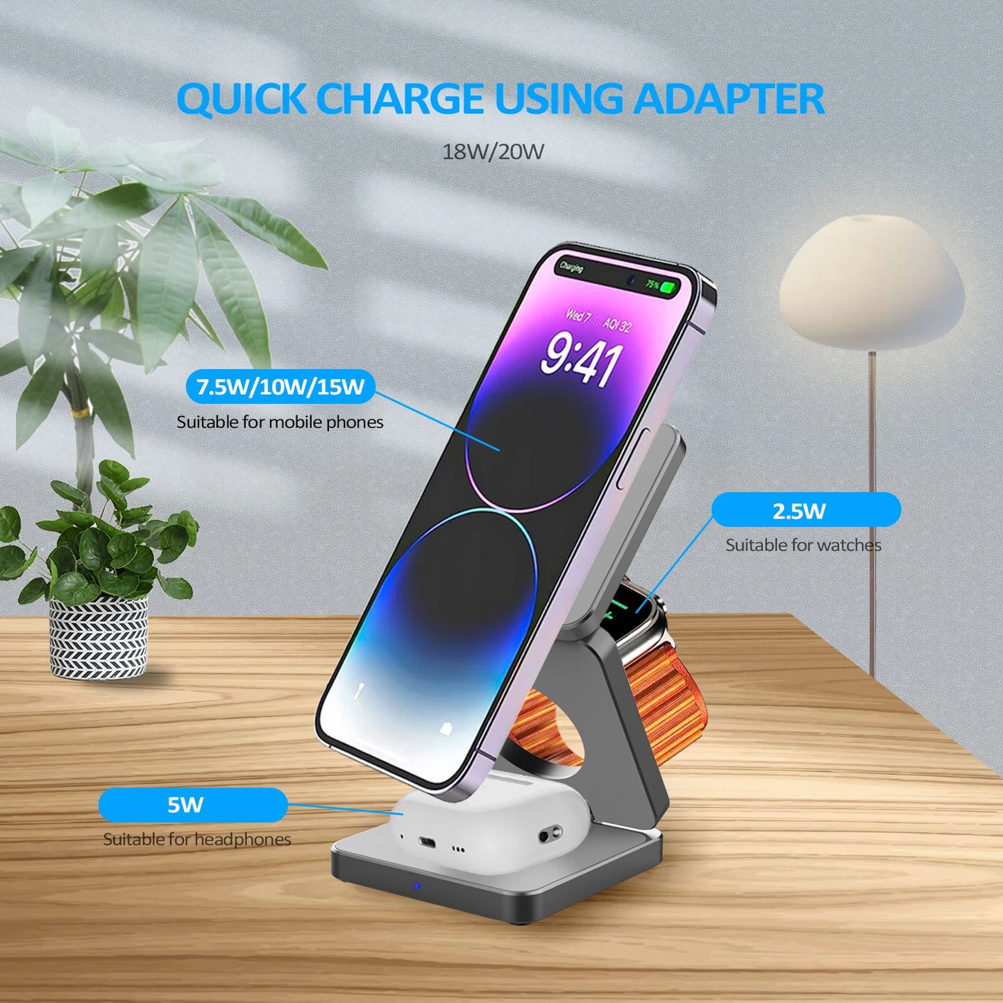 15W 3 in 1 Magnetic Wireless Charger Foldable Phone Charger Holder for Iphone 15 14 13 12 Samsung S23 S22 Airpods 3 Pro Iwatch 8