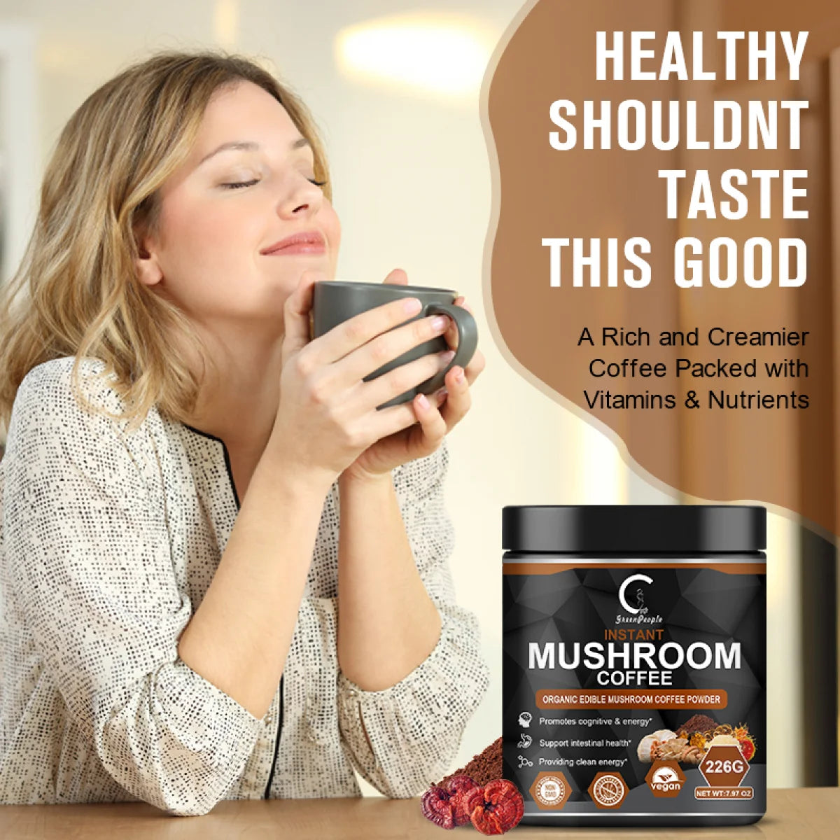 GPGP Premium Organic Mushroom Coffee with 7 Superfood Mushrooms - Instant Coffee Mix with Lion'S Mane, Reishi, Chaga, Cordyceps, Shiitake, Maitake, and Turkey Tail - 226G (7.97Oz)