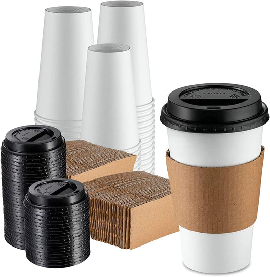 16 Oz Paper Cups Disposable Coffee Cups with Lids & Coffee Sleeves, 100 Sets