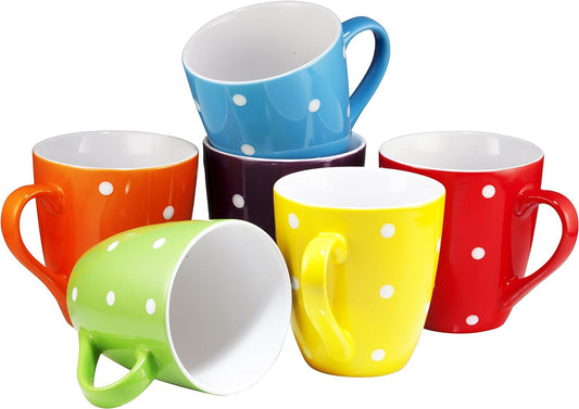 16 Oz Polka Dot Coffee Mug Set of 6, Large 16 Ounce Ceramic Mugcup Set in Multi Color Dot Design, Best for a Gift