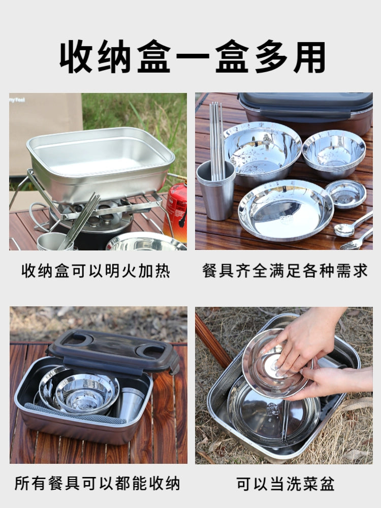 304 Outdoor Stainless Steel Tableware Suit Portable Picnic Camping Supplies Picnic Bowl Cookware Camping Equipment Tableware