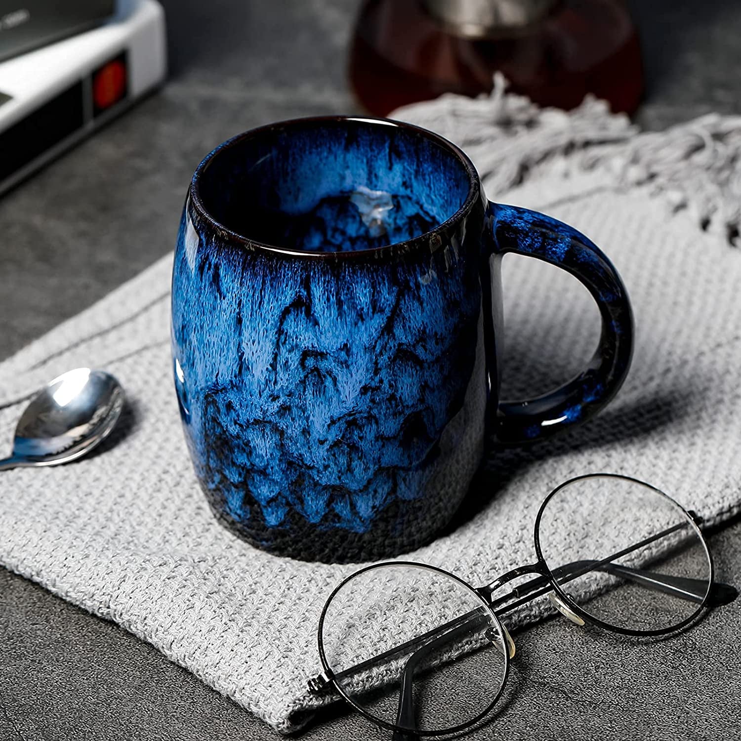 14 Oz Ceramic Coffee Mug Handmade, Unique Glazed Blue Pottery Coffee Mugs, Handmade Pottery Coffee Mug 12Oz, Handmade Ceramic Mug, Microwave and Dishwasher Safe (Dark Blue)