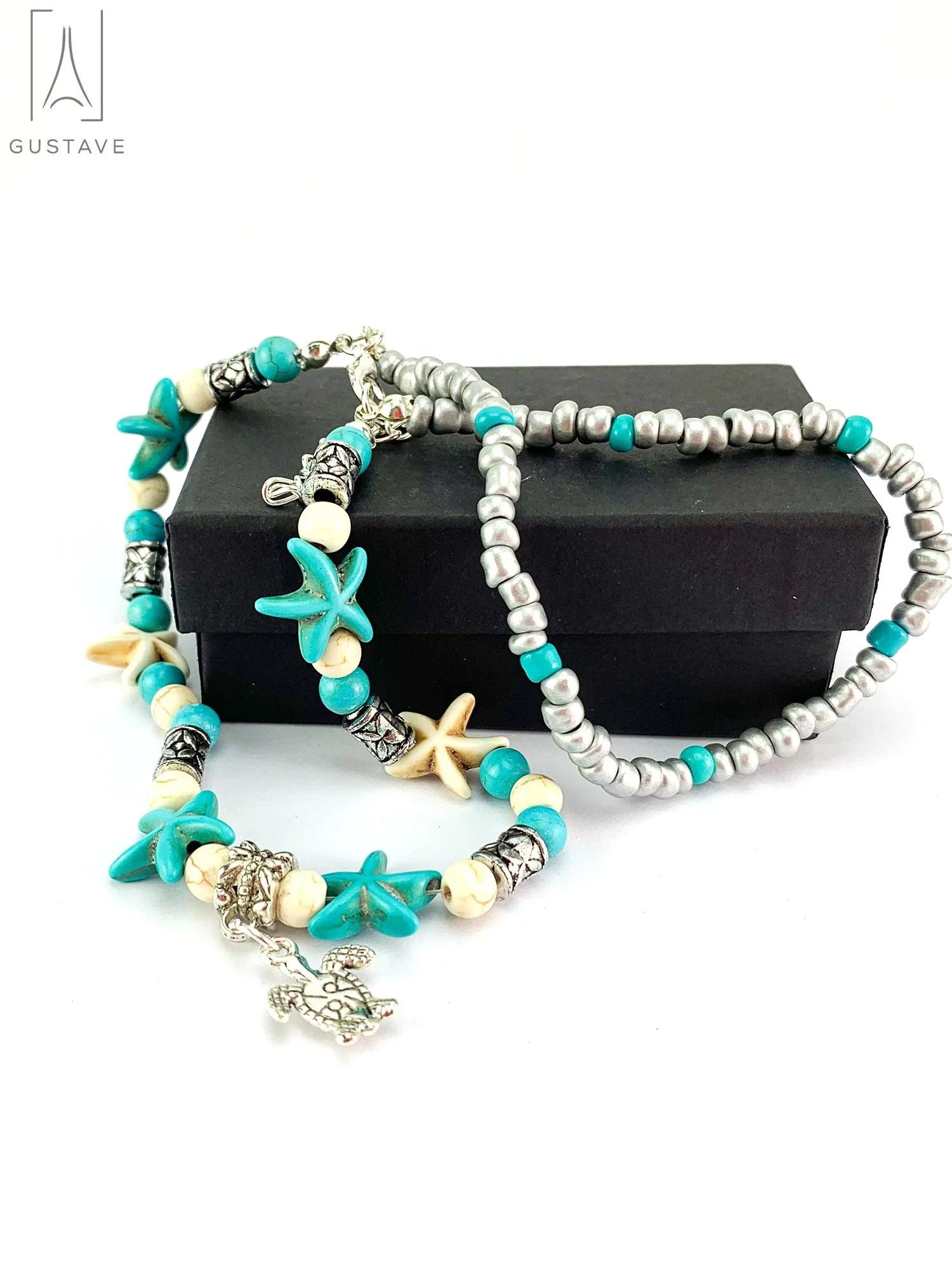 Starfish & Sea Turtle Ankle Bracelet for Women, Boho Double Layer Anklet Fashion Barefoot Sandal Beach Foot Chain Jewelry Gifts