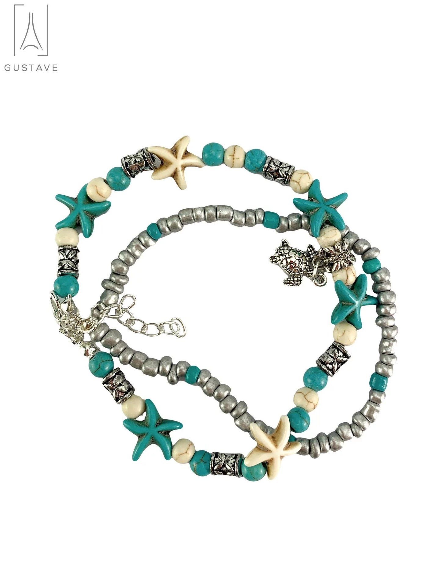 Starfish & Sea Turtle Ankle Bracelet for Women, Boho Double Layer Anklet Fashion Barefoot Sandal Beach Foot Chain Jewelry Gifts