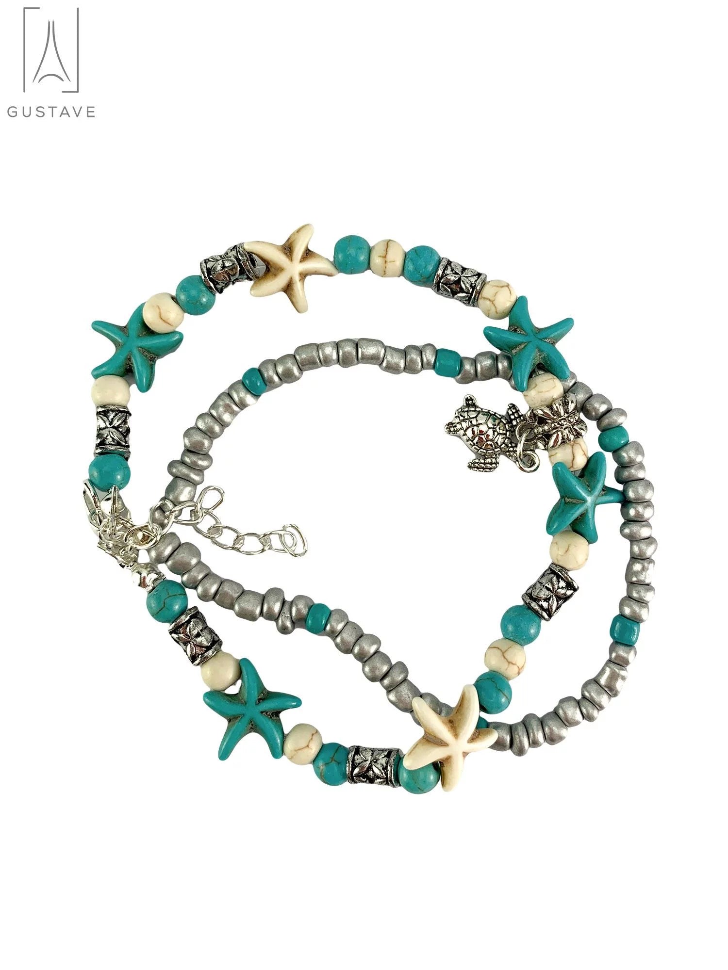 Starfish & Sea Turtle Ankle Bracelet for Women, Boho Double Layer Anklet Fashion Barefoot Sandal Beach Foot Chain Jewelry Gifts