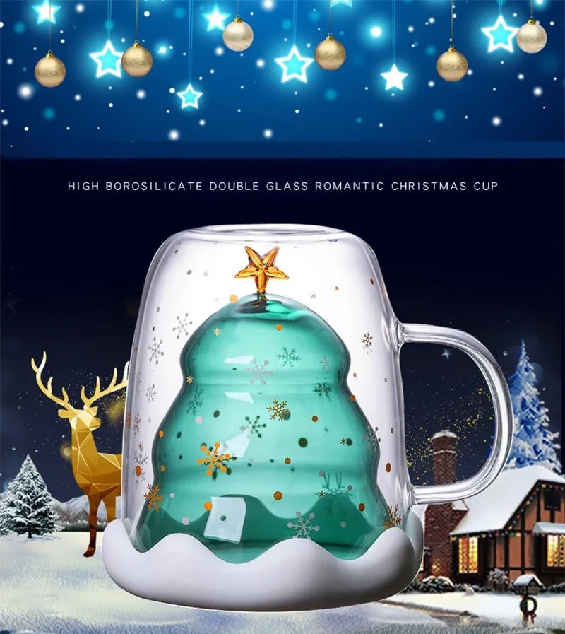 2021 Double Layered anti Scald Glass Christmas Tree Starry Sky Coffee Mug Thermal Insulation Breakfast Milk Cup Children'S Gift