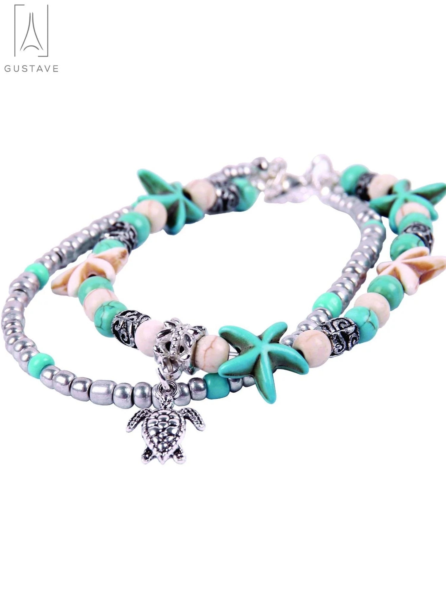 Starfish & Sea Turtle Ankle Bracelet for Women, Boho Double Layer Anklet Fashion Barefoot Sandal Beach Foot Chain Jewelry Gifts